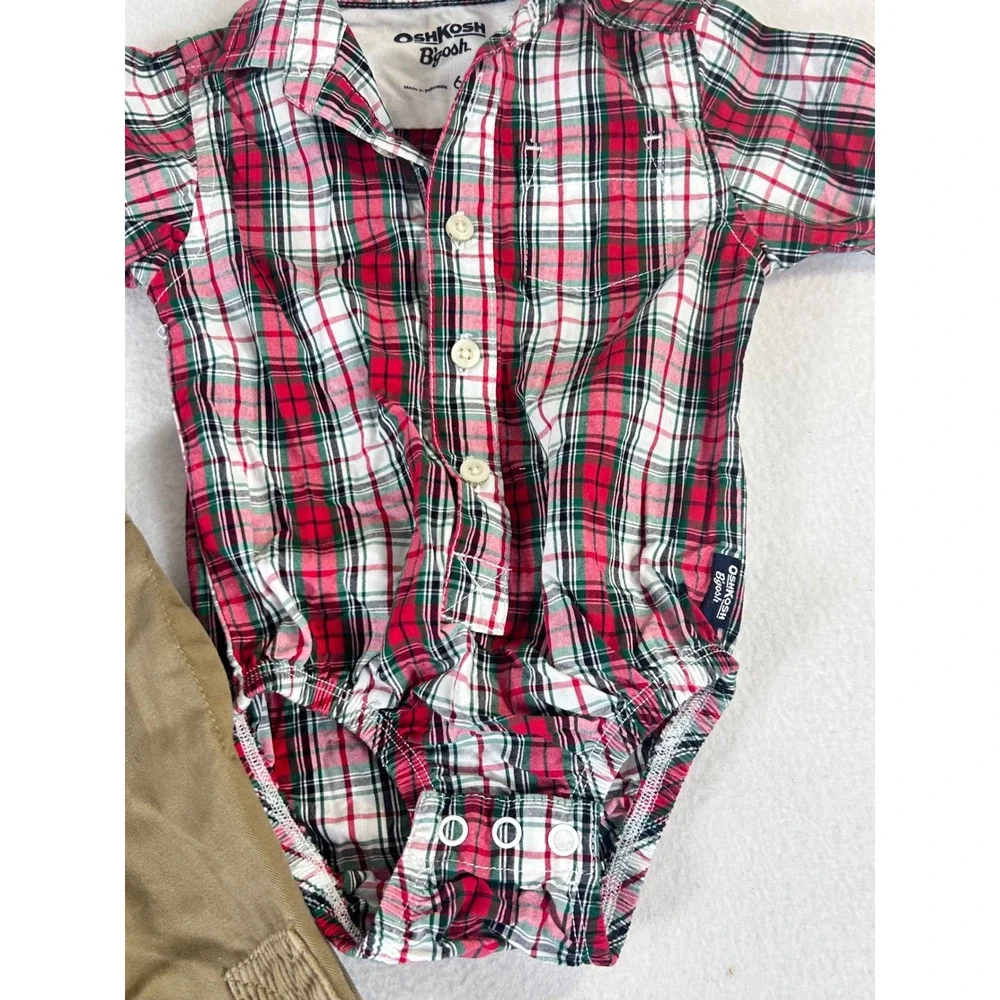 OshKosh Bgosh Baby Boy 6M Plaid Bodysuit and Khaki Cargo Pants Outfit Set Rd Grn